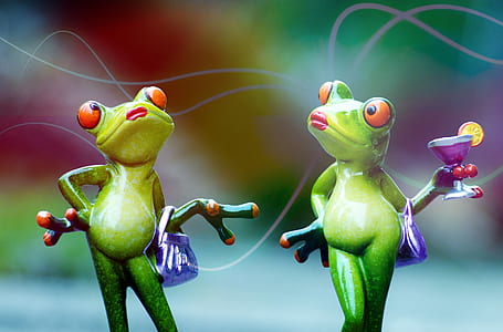 two green frogs holding bag and martini glass thumbnail