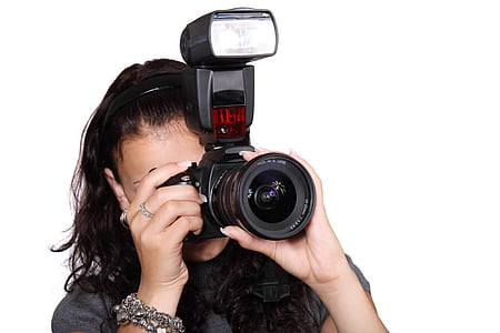 woman wearing black top holding black single-lens reflex camera thumbnail