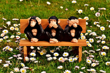three wise monkeys sitting on bench figurine thumbnail