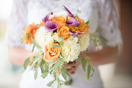 Selective Focus Photography of White, Purple, and Orange Rose, Calla Lily and Dahlia Bouquet thumbnail