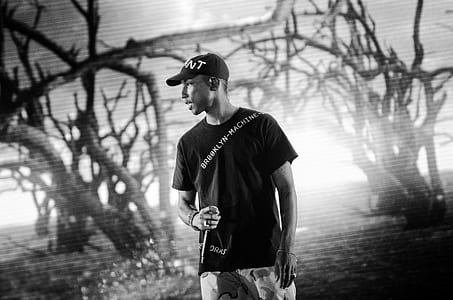 Grayscale Photo of a Person Near Leafless Trees thumbnail
