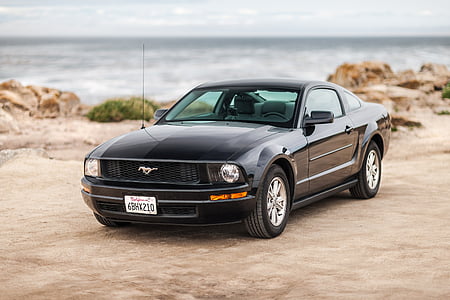 black Ford Mustang coupe beside body of water thumbnail