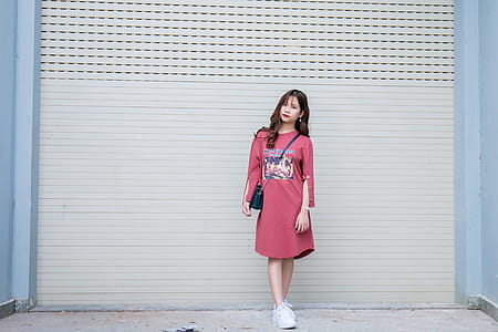 Woman Wearing Pink Long-sleeved Dress Standing Behind the Wall thumbnail