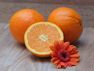 sliced orange fruit beside orange daisy flower thumbnail