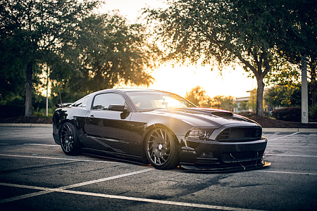 lowered black Ford Mustang GT coupe parked on road near green trees thumbnail