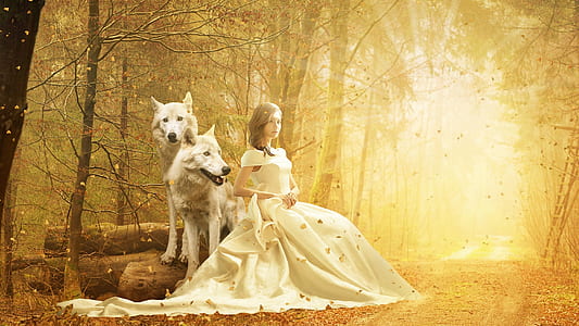 woman sitting beside two white wolf thumbnail