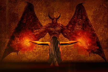 woman kneeling in front of demon artwork thumbnail
