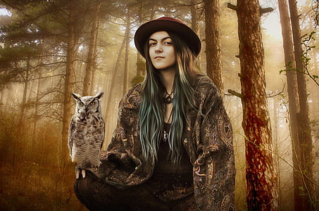 woman in brown coat beside white owl thumbnail