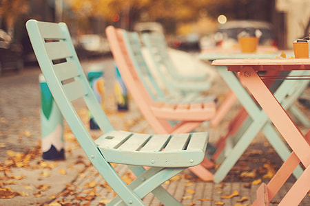 pink and teal wooden folding table and chairs set thumbnail