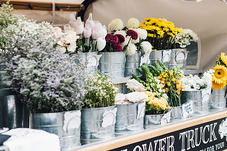 assorted flowers in stainless steel buckets displayed on brown wooden desk thumbnail