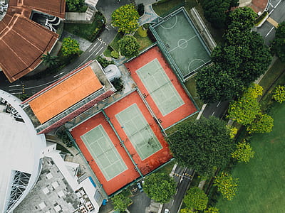 tennis and basketball courts near tall trees and concrete buildings aerial photography thumbnail