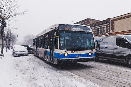 white and blue bus on snow land thumbnail