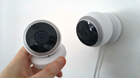 person holding white security camera beside wall-mounted security camera thumbnail