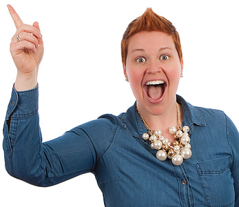 woman wearing blue denim jacket and gold-colored white pearls necklace thumbnail