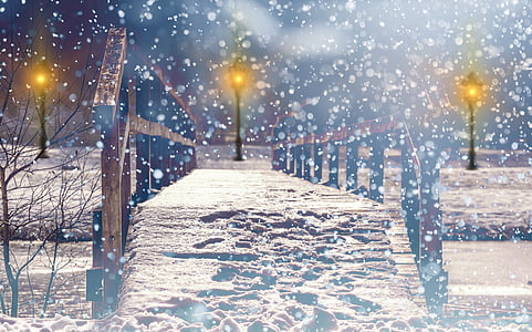 brown wooden bridge on snowy field thumbnail