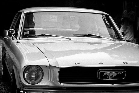 grayscale photography of classic Ford Mustang coupe thumbnail