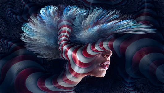 red, white, and teal textile with human face thumbnail