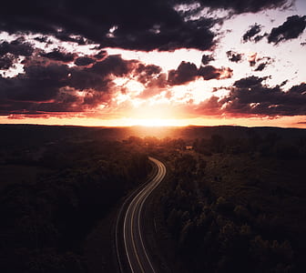 areal photography of road between trees under golden hour thumbnail
