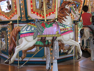 boy riding on white and brown horse carousel thumbnail