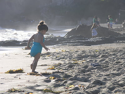 girl in blue bodysuit walks on sand thumbnail