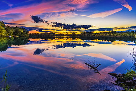 green trees on body of water during sunset thumbnail