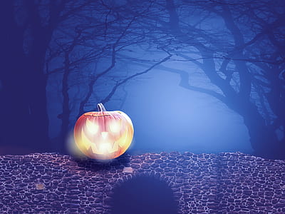 Jack-O'-Lantern on concrete bridge during nighttime illustration thumbnail