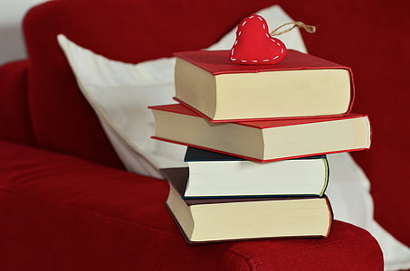 stack of books on red couch thumbnail
