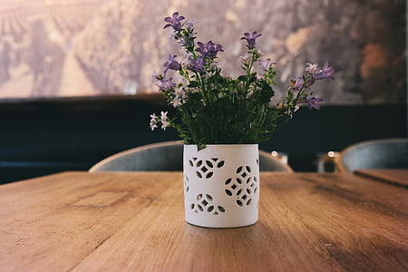 purple petaled flowers in white vase on table thumbnail