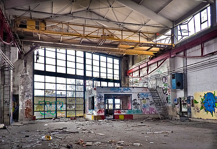 gray and red warehouse interior at daytime thumbnail