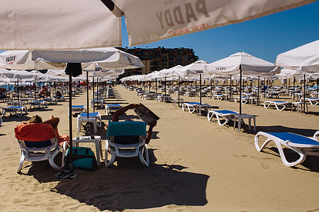 Umbrellas and lounge chairs on Sunny Beach, Bulgaria thumbnail