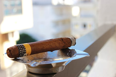 lit cigar placed on gray ashtray selective focal photo thumbnail