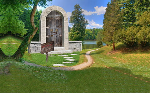 white concrete arch near green leafed trees thumbnail