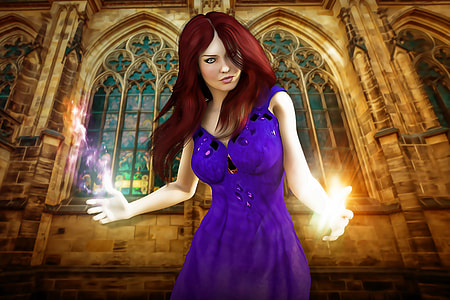 woman wearing purple dress in front of brown cathedral thumbnail