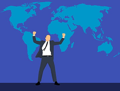 Illustration of businessman leading in powerful stance against map of the world. thumbnail