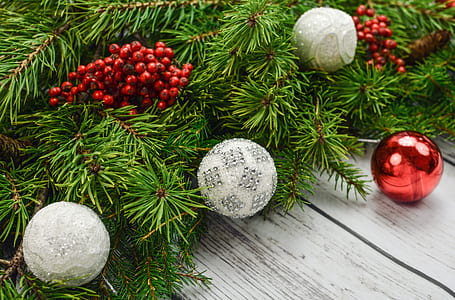 three gray and one red baubles and green Christmas tree thumbnail