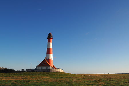red and white lighthouse on green grass field under blue sky at daytime thumbnail