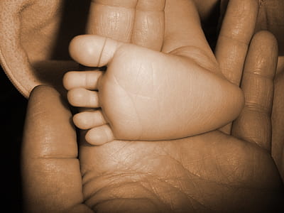 baby's foot on person's hand thumbnail