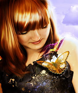 woman looking down towards her chest with butterflies thumbnail