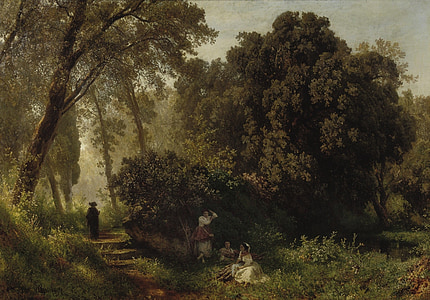 three women under tree on grass field beside pathway painting thumbnail