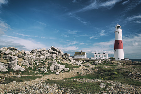 Wide angle landscape shot of Portland Bill Lighthouse on the Jurassic Coast in Dorset, England thumbnail