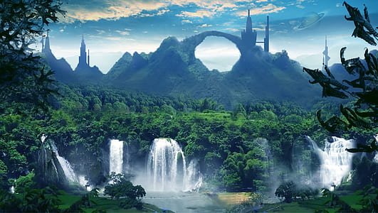 waterfalls with cantilever rock at distance digital wallpaper thumbnail