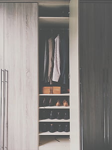 clothes and shoes in brown wooden wardrobe thumbnail
