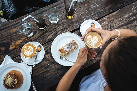 Girl treating herself with flatwhite coffee and cake thumbnail