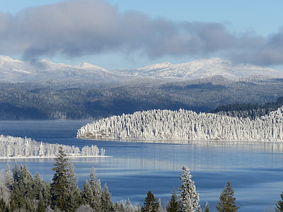 blue body of water with snow covered trees thumbnail