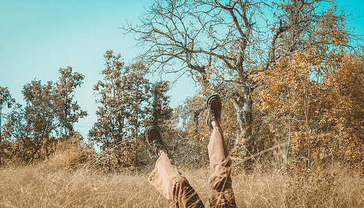 person wearing brown pants while lying on grass thumbnail