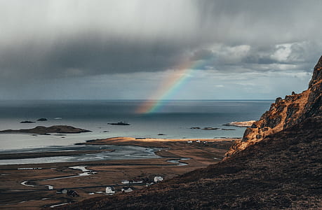 rainbow on ocean under white sky thumbnail
