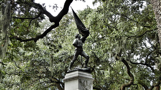 man holding flag statue under green trees thumbnail