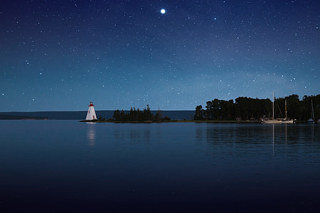 lighthouse beside body of water under starry sky thumbnail