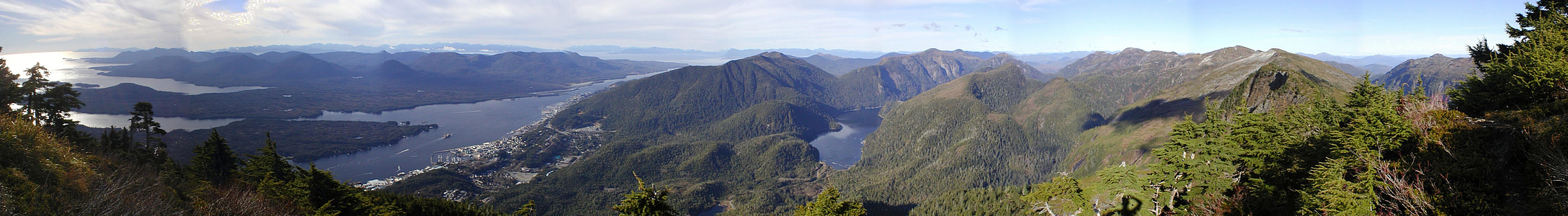 Panorama of downtown Ketchikan and surrounding terrain from the peak of Deer Mountain, Alaska thumbnail