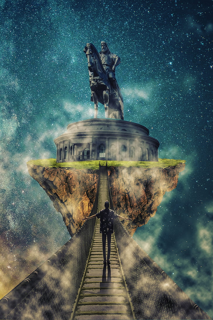 person walking on bridge facing stadium digital wallpaper